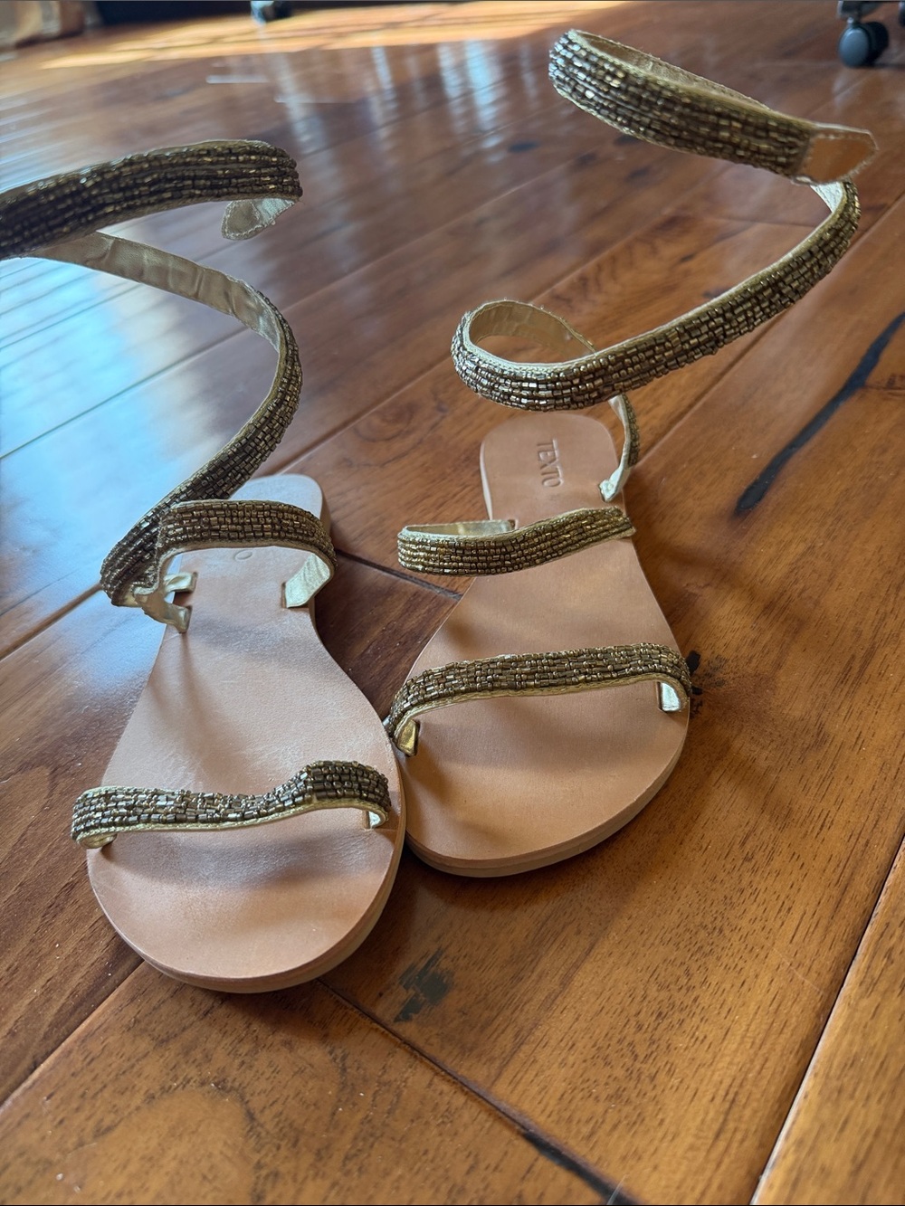 Metal wired snake up style Gold Beaded Strappy Sandals - Women